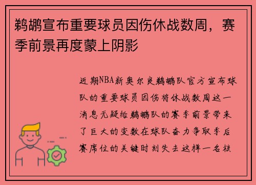 鹈鹕宣布重要球员因伤休战数周，赛季前景再度蒙上阴影
